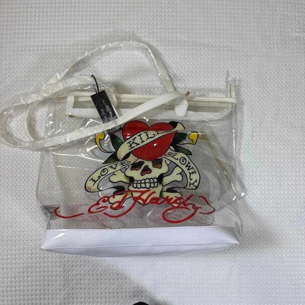 Ed Hardy clear Tote Bag with skull, heart and 'LOVE KILLS SLOWLY' graphic NWT